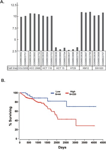 Figure 3. Association of ELOVL5 with colorectal cancer (CRC). (A) ELOVL5 expression in the indicated CRC cell lines (GEO profile GDS4296). (B) TCGA survival data that link ELOVL5 expression level with overall survival of the patients of colon adenocarcinoma shows that the patients with low expression of ELOVL5 (<10th percentile) showed a better survival rate than those with high expression of ELOVL5 (>50th percentile).