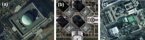 Figure 16. Optimal true orthoimages. (a) Right image of NAB in strip 2. (b) Center image of GCD. (c) Left image of KWTC in strip 2.