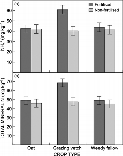 Figure 1: Winter cover crop type × fertiliser interaction effects on soil mineral nitrogen (N) (mg kg−1)