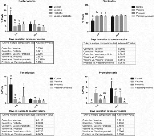 Figure 4. Distribution of the main bacterial phyla. Results show collection points at 7 and 20 days post-booster vaccination. Statistically significant differences (two-way ANOVA, P < 0.05) comparing all groups at a given date are indicated by different letters. Differences of mean treatment effects are shown in the table below the graph. Results of 1-day-old birds are not shown, since these samples were comprised of a pool of all birds.