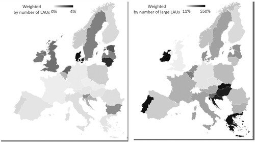 Figure 5. Percentage of URBACT member per LAU (left-hand pane) and per LAU with above 250,000 inhabitants (right-hand pane). Source: Author’s elaboration based upon the data reported in the URBACT database and Eurostat (Citation2022)