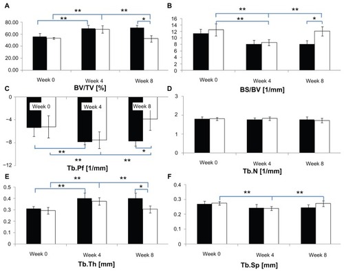 Figure 2 (A–F) Relative variables of trabecular bone microarchitecture in the tibial epiphysis at weeks 0, 4, and 8 (black bar, control group; white bar, osteoarthritis group).