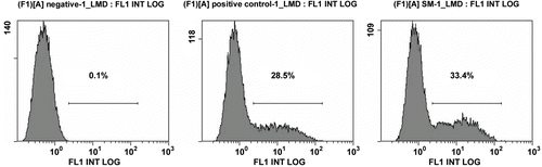 Figure 5.  Transfection efficiency detected by flow cytometry. (A) negative (B) Plasmid purified using OMEGA kit C: Plasmid purified by 3 M ammonium sulfate.