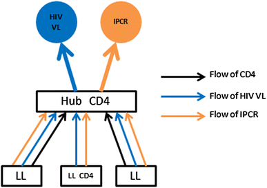 Figure 2 Hierarchy of HIV/AIDS tests carried out at local laboratories (LL), hub and hub/tertiary laboratories: CD4, HIV Viral Load (HIV VL) and Infant PCR (IPCR)