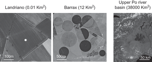 Fig. 1 The validation sites: Landriano (Italy; 0.01 km2) and Barrax (Spain; 12 km2) (from Google Images) and the Upper Po River basin (Italy; about 38 000 km2) from a MODIS RGB image.