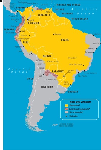 Figure 1 CDC maps of regions of Africa (A) and South America (B) at risk for yellow fever transmission.Citation49