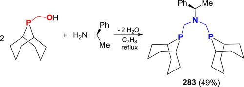 Scheme 163. Reaction of 9-hydroxymethyl-9-phosphabicyclo[3.3.1]nonane with (R)-α-methylbenzylamine.[Citation299,Citation346]