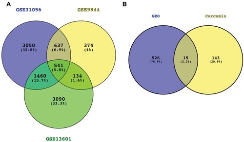 Figure 2 Venn diagrams showing the overlaps of the DEGs in common (A) and hub genes (B).
