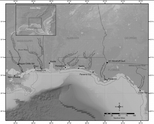 FIGURE 1. Critical habitat of the Gulf Sturgeon and major sturgeon rivers (Pearl, Pascagula, Escambia, Yellow, Choctawhatchee, Apalachicola, and Suwannee rivers). Note the Jim Woodruff Dam on the Apalachicola River and the Bogue Chitto sill on the Bogue Chitto River (Pearl River system).