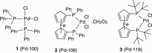 Figure 1.  Structures of the homogeneous catalysts 1 (Pd-100), 2 (Pd-106) and 3 (Pd-118).