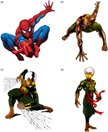 Figure 7. (a) Marvels’ Spiderman © Marvel Entertainment, LLC. (b) Rejected depiction of Ananse © Leti Arts. (c) Rejected depiction of Ananse © Leti Arts. (d) Official version of Ananse © Leti Arts.
