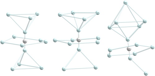 Figure 13. Three structural isomers of the HHe13+ complex, [3–5–3]-HHe13+ (left), [4–5–2]-HHe13+ (middle), and [14–5–1]-HHe13+ (right), with Mulliken charges, obtained at the aug-cc-pVTZ RHF level, given on the atoms (H is white, He is light blue).