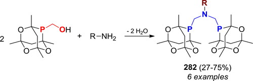 Scheme 162. Reaction of 8-hydroxymethyl-1,3,5,7-tetramethyl-2,4,6-trioxa-8-phosphaadamantane with primary amines. Products, yields, 31P NMR shifts, and related references, are listed in Table S46.