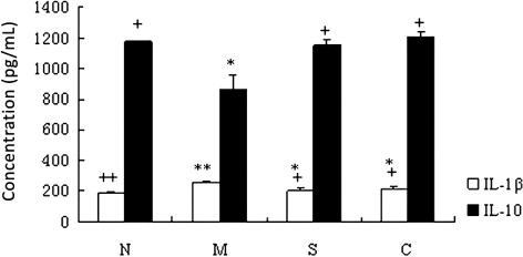 Figure 3. Serum levels of IL-1β and IL-10 determined by ELISA in different experimental groups. The treatment and supplementation of the mice (n = 10/group) and the peripheral blood collection as described above (Figure 1). The mouse serum levels of IL-1β and IL-10 were determined by ELISA. N, healthy control group; M, model of UC control group; S, SASP group; C, CGMP group. Data shown are the means ± SD from 10 samples. *P < 0.05; **P < 0.01 between the healthy control and other groups. +P < 0.05; ++P < 0.01 between the UC control and other groups.