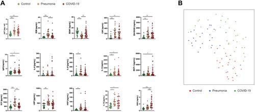 Figure 1 Serum markers discriminate between control, pneumonia, or COVID-19. (A) Serum concentrations of biomarkers that showed differences between control, pneumonia, or COVID-19 groups. *p < 0.05, **p < 0.005, ***p < 0.001 as calculated using one-way Analysis of Variance (ANOVA, assuming normality) with Bonferroni correction as post-hoc test. (B) UMAP dimension reduction integrating all detectable biomarkers shows segregation the three groups. We clustered the individuals by 3-means clustering and computed for each cluster how many individuals from the three groups were contained. Following this clustering we computed Fisher’s Exact test on the 3×3 contingency table, validating a significant clustering (p < 0.0001).