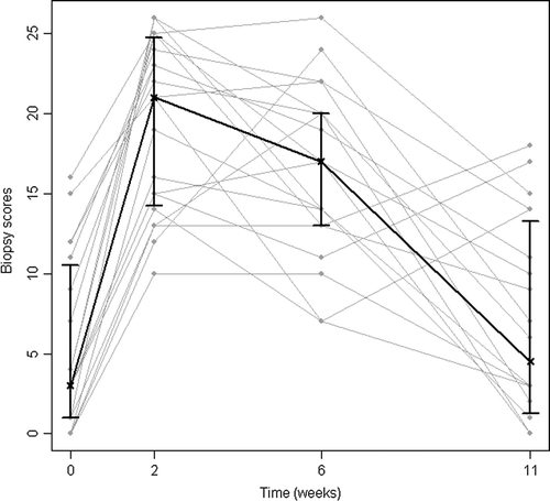 Figure 2.  Biopsy scores before, during and after radiotherapy. Median and interquartile range shown in black; individual patients’ sums in grey. Individual patients’ sum from the biopsy evaluation (Table I). (n = 19)