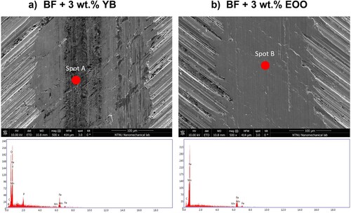 Figure 12. SEM and EDS analysis with the highlight on the analyzed area (Spot A and Spot B) of the wear tracks after testing with water-based lubricant containing 1% YB (a) and 1% EOO (b).