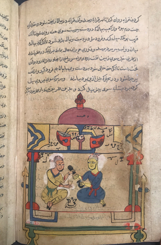Figure 2. Main drawing of figures and water mechanisms; from the category (naw‘) of the Arbiters of Drinking Sessions Wonders of Mechanics of Shadiyabadi, Mandu, 1509, Folio: 23.2 × 15.7 cm, British Library Or 13718, f. 120b. © British Library Board.