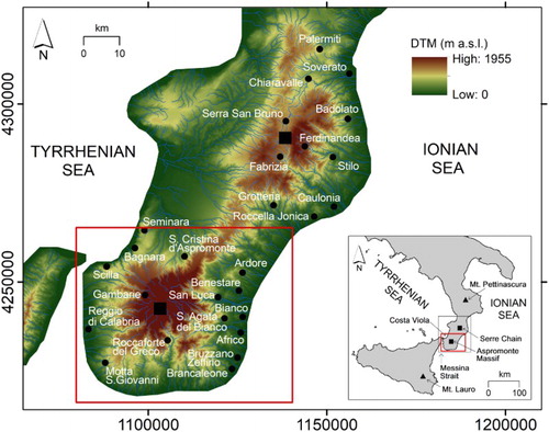 Figure 1. Location of southern Calabria (grey rectangle) and Sicily. The red square marks the limits of the study area. The main stream network (cf. blue lines) and toponyms mentioned in the text are also shown. Black triangles mark radar locations at Mt. Pettinascura and Mt. Lauro. Black squares show locations of Aspromonte massif and Serre mountain chain.