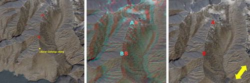 Figure 3. Examples of added cues on the SRM overlay. Left to right: with labels, with anaglyph stereo (needs red/cyan glasses for 3D viewing), with motion (arrow represents the presence of motion, in the experiment this was an animation).