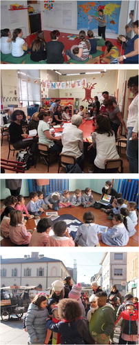 Figures 1–4. 1: Public meeting for parents with health and mobility experts. 2: Information and training meeting for teachers. 3: Lab with children at the Rodari kindergarten. 4: Children exploring and mapping public spaces.