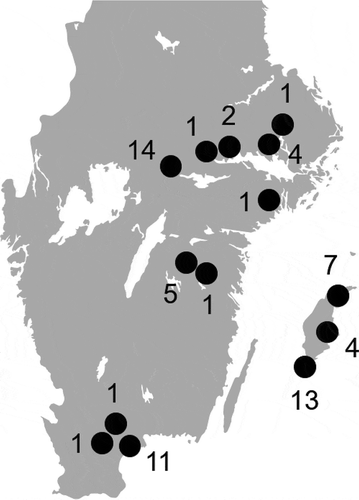 Figure 1. Approximate sampling locations (black dots) and the number of birds sampled at each location.