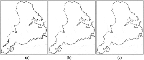 Figure 6. Comparisons of polyline simplification results. (a) 1:250k coastline. (b) simplified results by the proposed method. (c) simplified results by the WM algorithm.