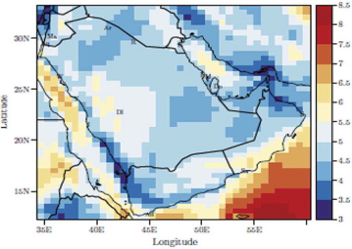 Figure 15. Wind power density based on the GIS map at a height of 50 m for the GCC region
