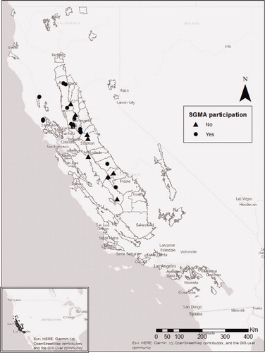 Figure 1. Distribution of interviewees across groundwater basins in California. Map shows the distribution of interviewed farmers and their farm locations within the limits of priority groundwater basins across California. Groundwater basins boundaries are shown in gray polygons; farmers participating in SGMA ("SGMA participants") are represented as dots and farmers not participating in SGMA ("Non-participants") are represented as triangles.