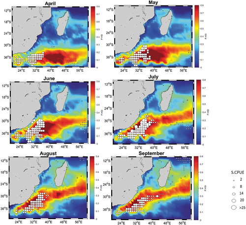 Figure 10. Spatial distribution of escolar fish in the southwestern Indian Ocean and the PHSI. The different sizes of circles in maps showed the average of S.CPUE, the smallest S.CPUE category was 2 and the highest was > 25.