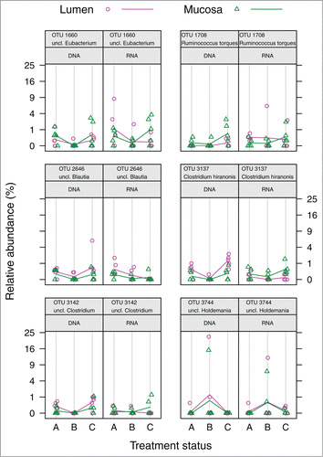 Figure 5. Relative abundances in sample groups of significant OTUs lacking correlation between DNA and RNA levels. Colored guiding lines mark the mean values for factor levels of “Compartment” at the respective treatment status: (A) before antibiotic treatment (day 0); (B) immediately after cessation of antibiotic treatment (day 4); (C) 6 weeks after cessation of antibiotic treatment (day 46).