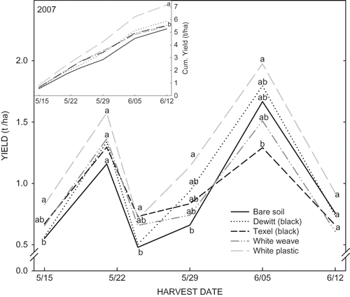 FIGURE 3 Treatment yields over harvest date and cumulative (inset) season yields in 2007.