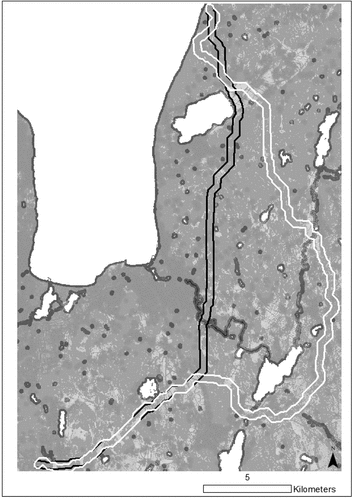 Figure 9. The least ordinal-scaled cost corridor (outlined in white) and the least-cost corridor model (outlined in black) between the two terminal locations. Note that the darker shades represent higher cost values, and white represents prohibited areas.