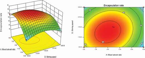 Figure 4. Curved surface effect diagram of the influence of stirring speed and mixed solvent ratio on the encapsulation efficiency