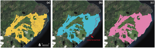 Figure 5. The final lava flow maps from the (a) CCD analysis, (b) subtraction of DEMs, and (c) USGS lava thickness map (Hawaiian-Volcano-Observatory Citation2019). The overall patterns of the constructed lava flow field are similar. The CCD analysis result is in good agreement with the reference lava flow map obtained from the USGS at the inland area, whereas the DEM subtraction result represents a newly formed land area along the coastline (the red dotted polygon area in Figure 5(b)).