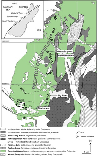 Figure 1. Location map of the area of study showing generalized geology. Modified from Nathan et al. (Citation2002).