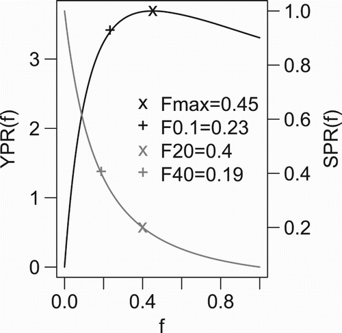 Figure 10. Yield and spawner per recruit curves and four fishing mortality RPs, Fmax,F0.1,F20%, and F40% for s(t) in Figure 9.