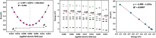 Figure 3. The effect of OEEF on the electronic properties of Ag19 [Citation88]. (a) Calculated EA values, (b) one-electron energy levels (in eV), and (c) correlation between the EA values and the LUMO energy levels of the neutral Ag19 cluster under different OEEF intensities (in au). Adapted with permission from ref 88. Copyright 1993 Elsevier.