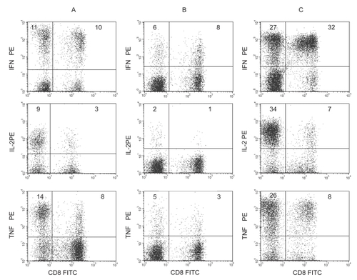 Figure 4 Representative dot plots showing intracellular CD8+ and CD8− (CD4+) T-cell production of IFNγ, IL-2 and TNFα in the presence of (A) 0.1 μg/mL garlic extract and (B) 50 μg/mL vincristine from PBMC from a patient with ALL compared with healthy aged-matched control subject (C). The percentage and mean fluorescence intenstiy of CD8+ and CD8− (CD4+) T-cell producing IFNγ, IL-2, and TNFα was significantly inhibited (p < 0.05) in the presence of vincristine but not garlic extract (p > 0.05) compared with control without drugs (data not shown). Intracellular CD8+ and CD8− (CD4+) T-cell production of IFNγ, IL-2, and TNFα by PBMC from the ALL patient was significantly decreased (p < 0.05) compared with control.