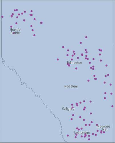 Fig. 1 Survey locations for Alberta’s 2020 pea disease survey