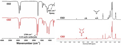 Figure 1. FTIR analysis (left) and 1H NMR analysis (right) of ESO and CSO.