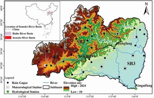 Figure 1. The Jumahe River basin in China. Location of the meteorological and hydrological stations