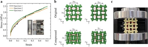 Figure 7. (a) stress-strain plots of the printed specimens, (b) measurement of Poisson's ratio in varied directions, and (c) measurement of Poisson's ratio during compression.