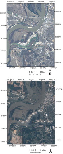 Figure 3. Mississippi flooding as seen from Landsat pre- (left) and post-event (right).