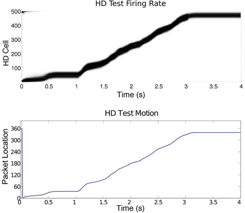 Figure 8. Simulation results from the self-organizing model.HD layer firing, with high firing indicated by black (top) and packet location (bottom) during the testing phase of simulation. Model performance is approximately correct, with a 2s period of packet motion during path integration, bookended by two 1 s periods of no packet motion whilst HD does not change.