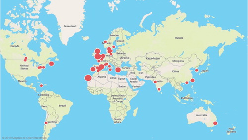 Figure 3. Distribution of the geographical location of the affiliated institutions of the authors.Number of contributions by country: Spain including Canary Islands (13); Greece (6); the United Kingdom (5); Australia and the United States (4); Canada, Norway, Portugal, and Sweden (3 each) France, India, and Italy (2 each); and Belgium, Chile, China, Denmark, South Korea, the Netherlands, Poland, and Taiwan (1 each).