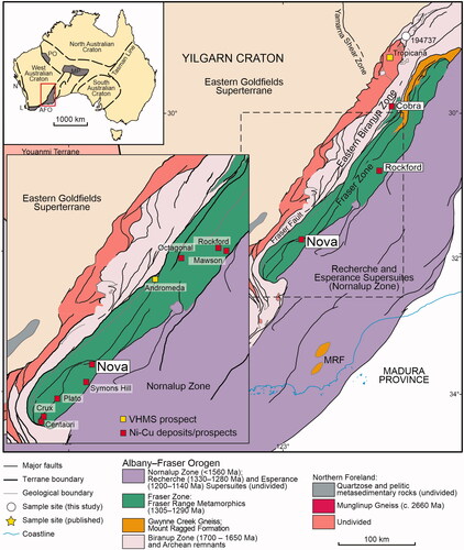 Figure 1. Regional geology of Albany-Fraser Belt, outlining the location of the Fraser Zone, modified from Kirkland et al. (Citation2015), showing location of Nova-Bollinger and other Ni–Cu sulfide occurrences and deposits.