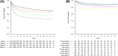 Figure 2. Relative survival of DLBCL in Sweden diagnosed 2000–2013 according to Ann Arbor stage. (A) All patients grouped according to Ann Arbor stage. (B) Patients younger than 52 years (mean age for menopause for women in Sweden) according to gender and Ann Arbor stage.