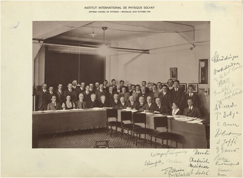 Figure 10. Rutherford at the 7th Solvay Conference on Physics held in Bruxelles, Belgium, October 22-29, 1933. The theme was the structure and properties of atomic nuclei. Previously (beginning 1911) he had been a participant at the 1st, 2nd, 3rd, and 4th Solvay Conferences on Physics (Mehra Citation1975; Hughes Citation1999). Seated left to right: E. Schrödinger, I. Joliot, N. Bohr, A. Joffe, M. Curie, P. Langevin, O.W. Richardson, Lord Rutherford, Th. DeDonder, M. deBroglie, L. deBroglie, L. Meitner, J. Chadwick. Standing left to right: E. Henriot, F. Perrin, F. Joliot, W. Heisenberg, H.A. Kramers, E. Stahel, E. Fermi, E. T. S. Walton, P. A. M. Dirac, P. Debye, N. F. Mott, B. Cabrera, G. Gamow, W. Bothe, P. Blackett (at back), M.S. Rosenblum, J. Errera, Ed. Bauer, W. Pauli, J. E. Verschaffelt, M. Cosyns (at back), E. Herzen, J. D. Cockcroft, C. D. Ellis, R. Peierls, Aug. Piccard, E. O. Lawrence, L. Rosenfeld. Photograph by Benjamin Couprie, Institut International de Physique Solvay, courtesy AIP Emilio Segrè Visual Archives, Leon Brillouin Collection. Copyright by Solvay Institutes. Reprinted with permission.