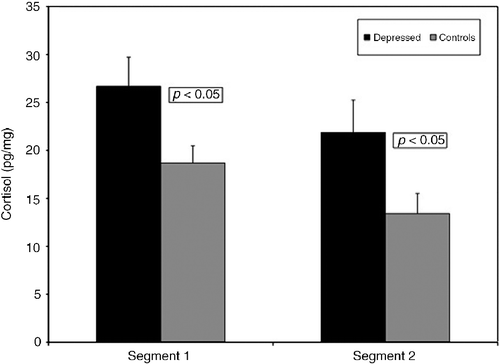 Figure 1.  Hair cortisol concentrations in depressed and healthy control participants in the near scalp (segment 1, 23 depressed vs. 64 controls) and adjacent (segment 2, 19 depressed vs. 50 controls) 3-cm segment (means and SEs).